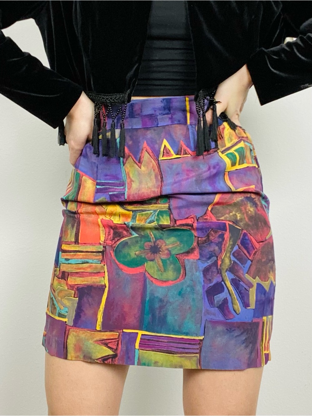 VINTAGE 90s Abstract Art Print High Waist Pencil Skirt Silk Feel Retro